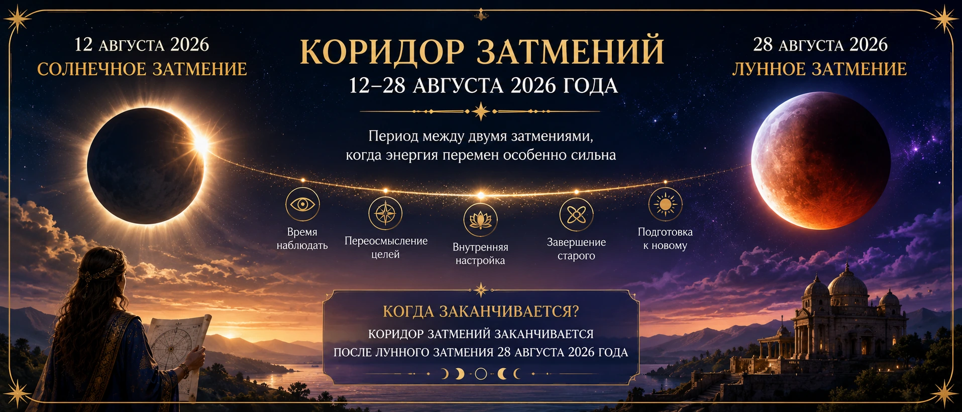 Коридор затмений с 12 по 28 августа 2026 года — от солнечного к лунному затмению